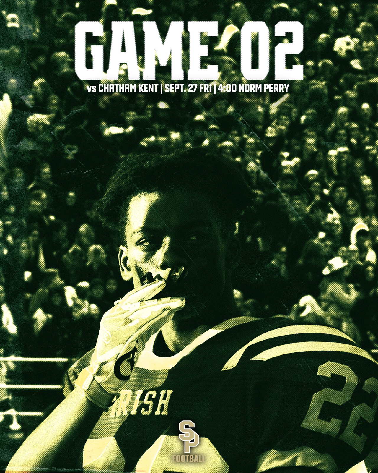 Game 02 football social media poster featuring two athletes.
